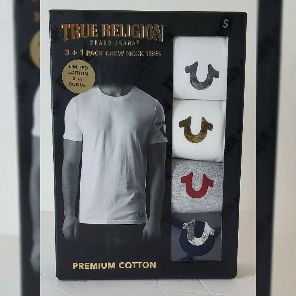 TRUE RELIGION LOUNGEWEAR 3 + 1 PACK CREW NECK TEES MEN SZ M METALLIC LOGO W/G/B - Picture 5 of 8